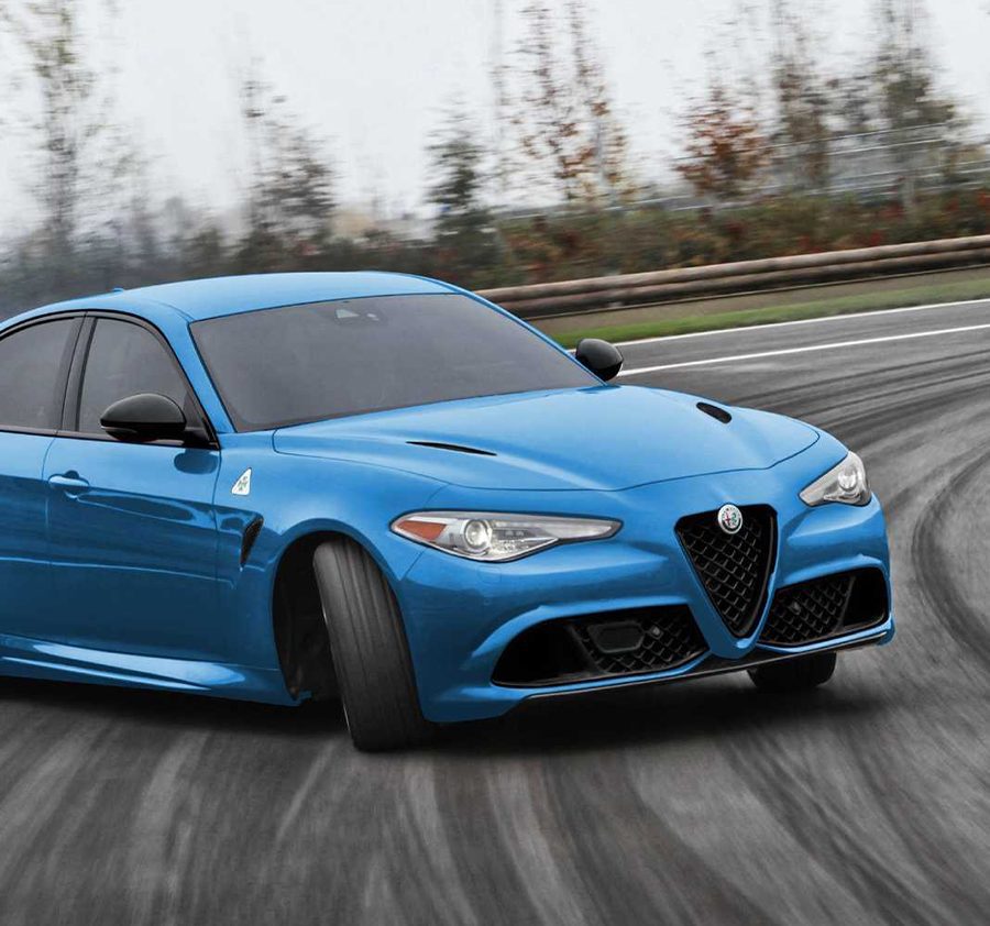 2022 blue Alfa Romeo Giulia on race track