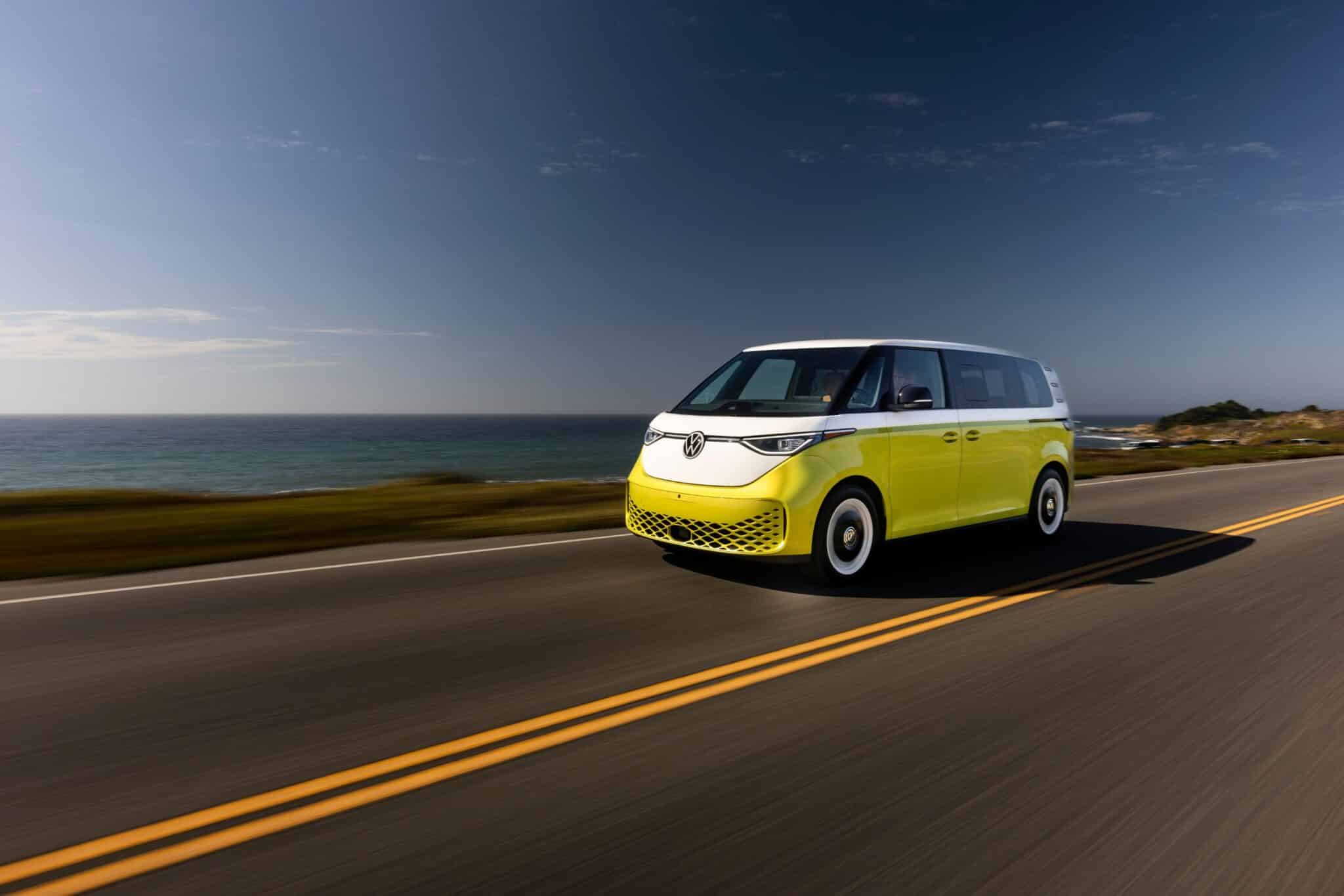 2025 VW ID.Buzz with a Candy White roof and Pomelo Yellow exterior paint.