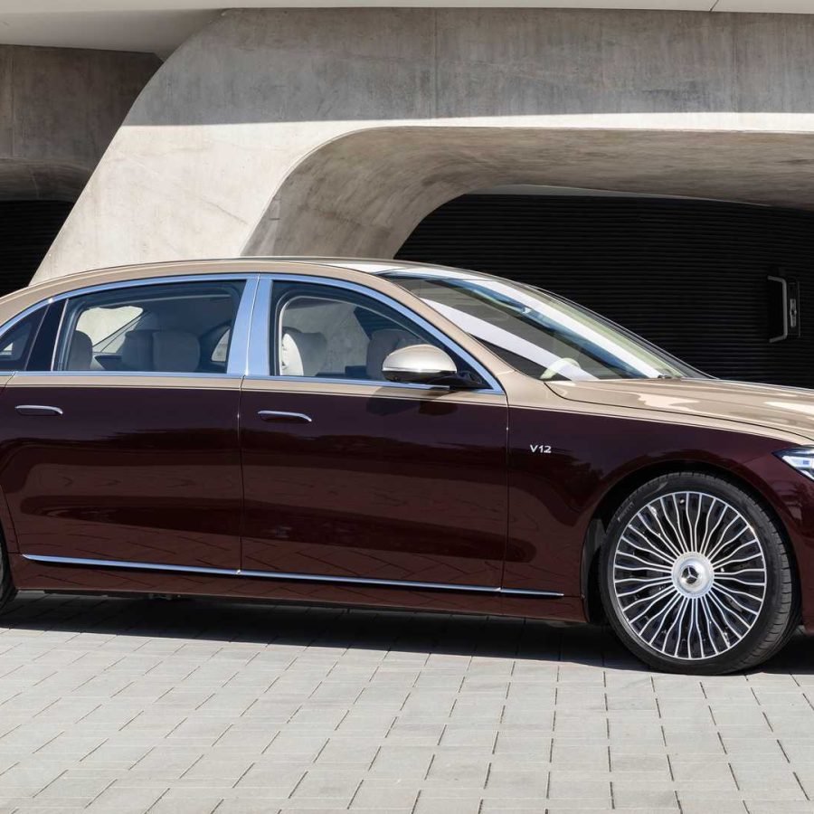 image showing the side profile of a two-tone (red & brown) Mercedes-Maybach S680