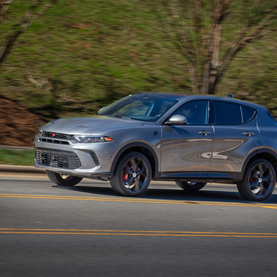 Side view of a 2023 grey Dodge Hornet