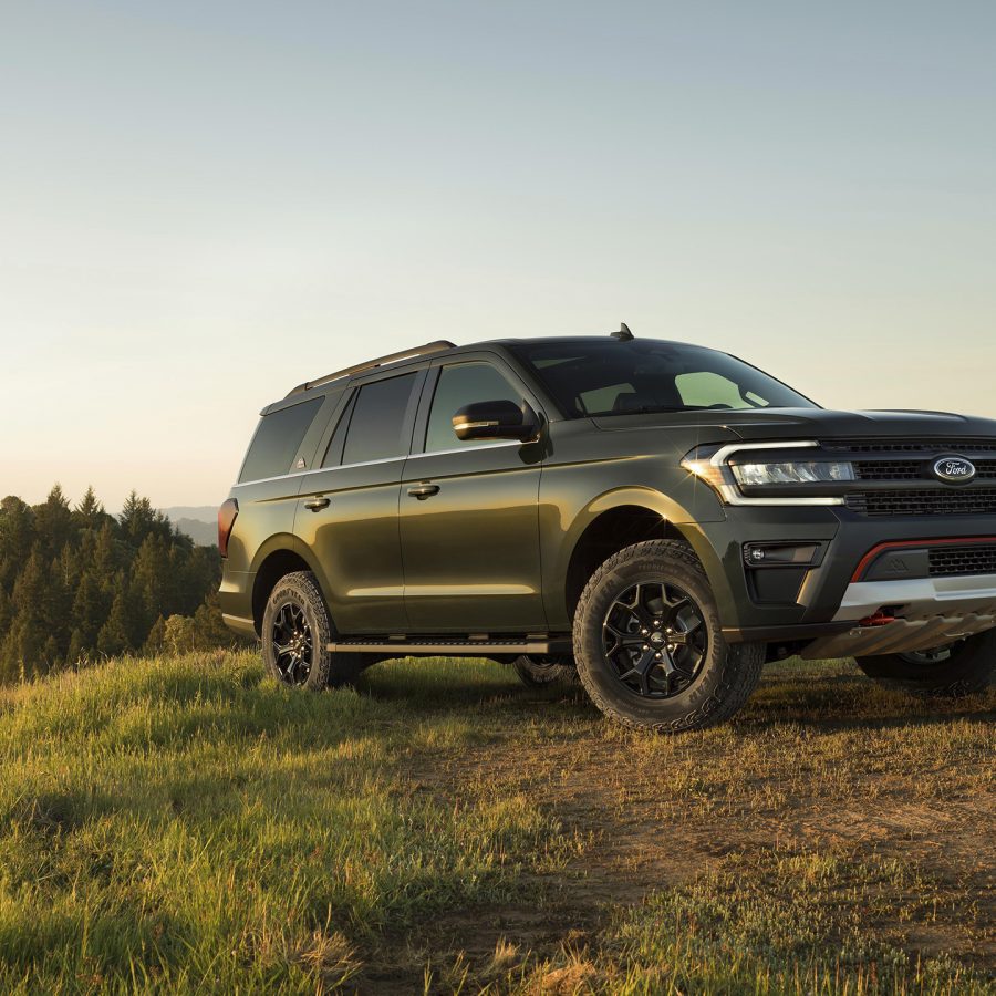 Side angle of a 2023 green Ford Expedition