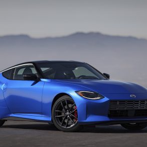 Three-quarter front view of a 2023 blue Nissan Z