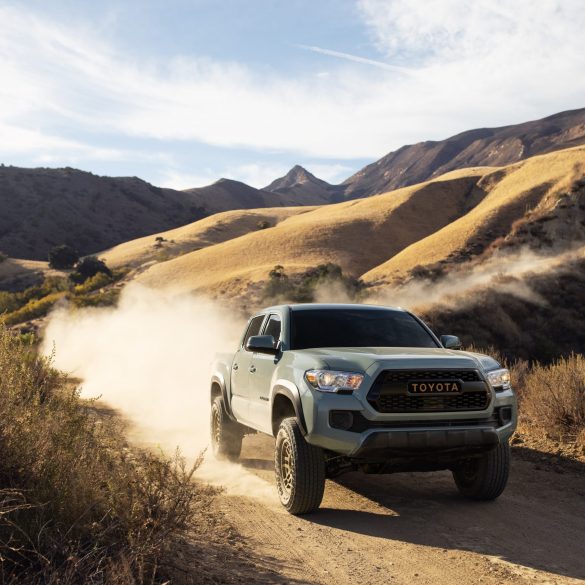 Front view of a 2023 blue Toyota Tacoma