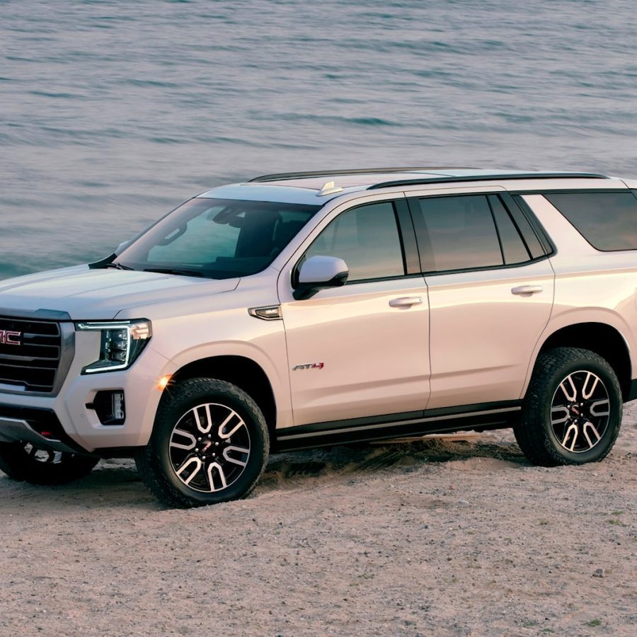 front angled view of a white 2023 GMC Yukon