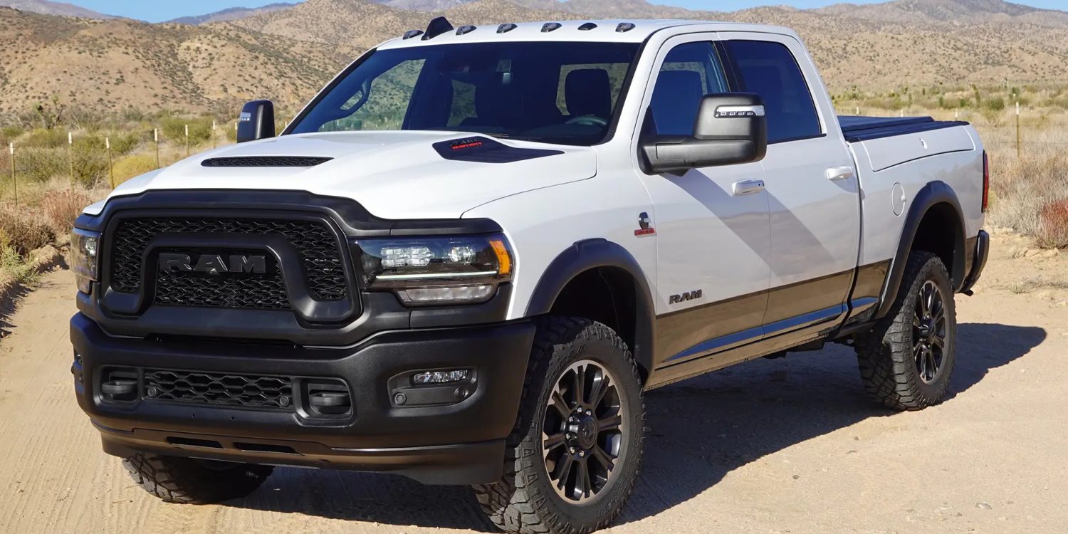 Front-angled view of a white RAM 2500 pickup