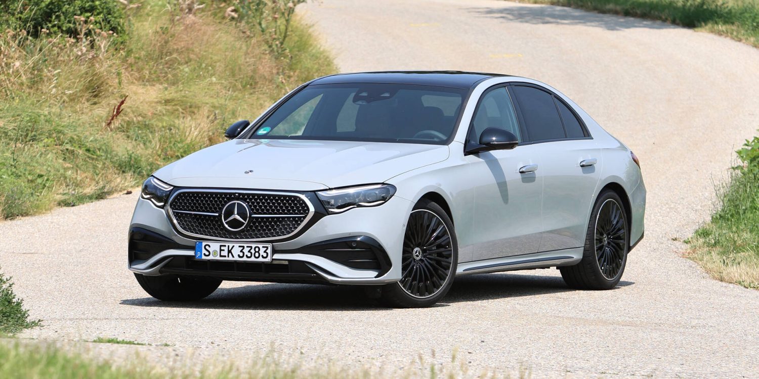 Front-angled view of the 2024 Mercedes Benz E450 4MATIC Sedan.