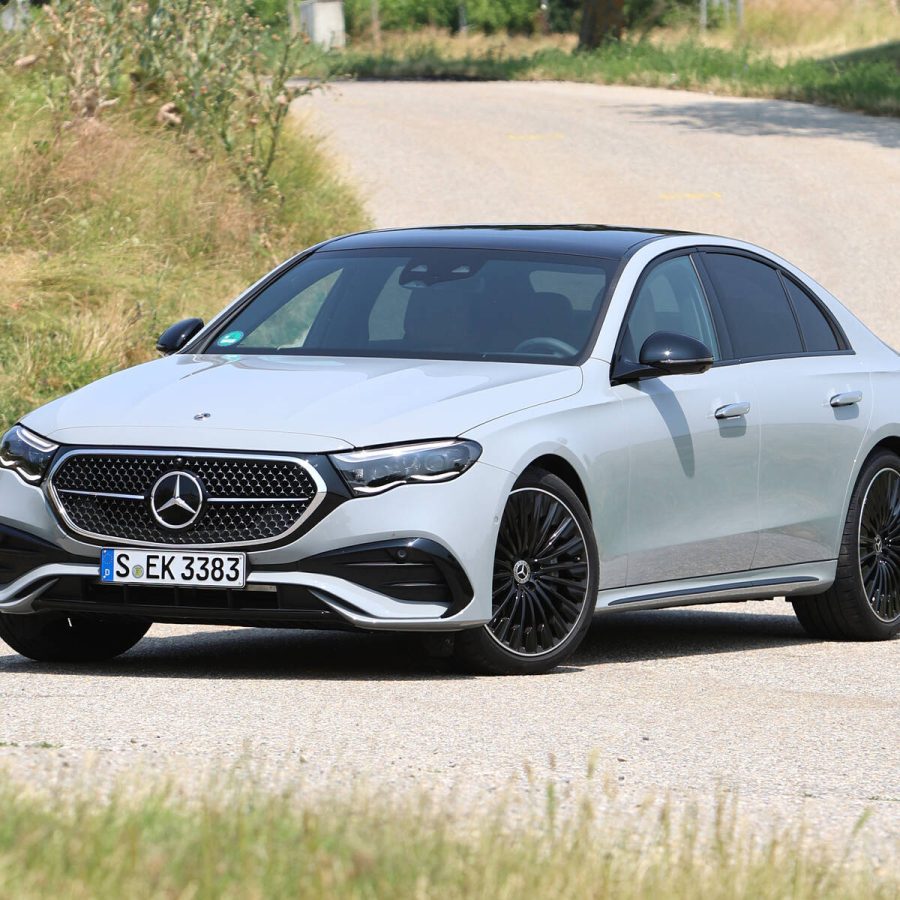 Front-angled view of the 2024 Mercedes Benz E450 4MATIC Sedan.