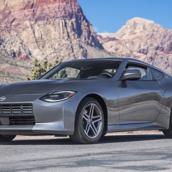 Front-angled view of a Grey Nissan Z sports car