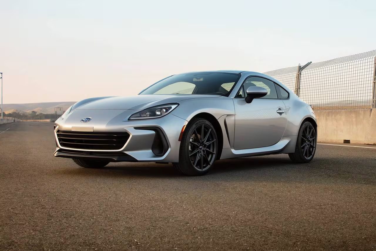 Front-angled view of a silver Subaru BRZ